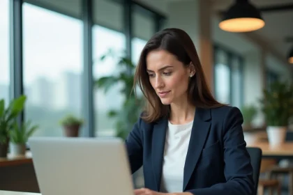 Femme au bureau frustrée face à une erreur de connexion sur son portail intranet professionnel