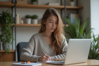 Femme assise à son bureau dans un home office moderne