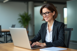 Femme d affaires au bureau utilisant un ordinateur portable
