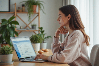 Femme en pastel vérifiant sa sauvegarde cloud dans un bureau lumineux