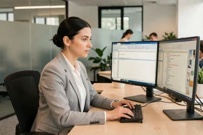 Femme professionnelle travaillant sur une macro VBA dans Excel sur deux écrans dans un bureau moderne