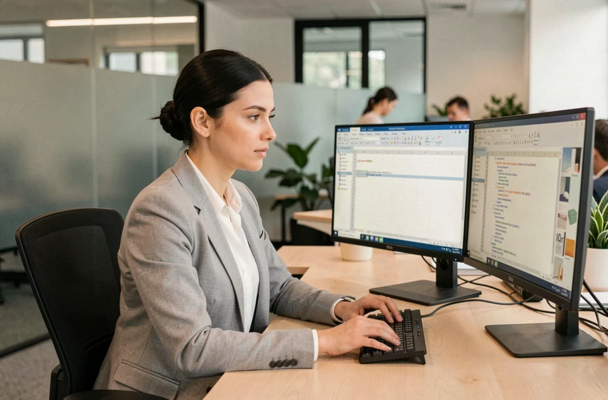 Femme professionnelle travaillant sur une macro VBA dans Excel sur deux écrans dans un bureau moderne
