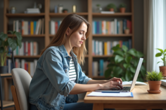 Jeune femme au bureau moderne travaillant sur son ordinateur