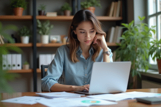 Jeune femme au bureau avec ordinateur et documents