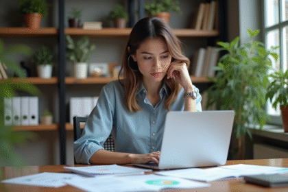 Jeune femme au bureau avec ordinateur et documents