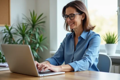 Femme d'âge moyen tapant la lettre É sur son ordinateur dans un bureau lumineux