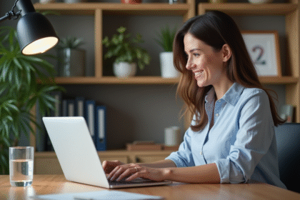 Femme en bureau moderne utilisant un ordinateur pour un document open office