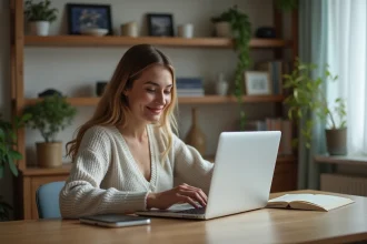 Femme souriante utilisant son ordinateur et smartphone dans un intérieur cosy