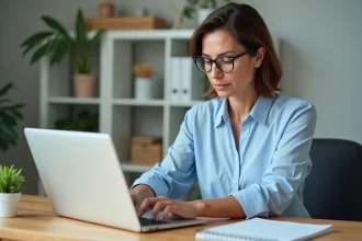 Femme d'âge moyen configure la sécurité email dans un bureau moderne