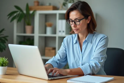 Femme d'âge moyen configure la sécurité email dans un bureau moderne