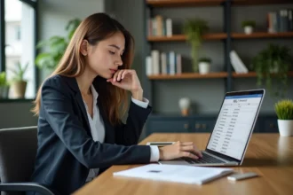 Jeune femme en blazer analysant un tableau SEO