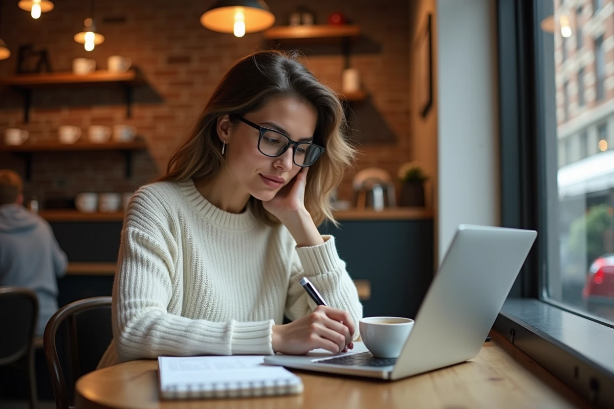 Femme écrivant script Python dans un café chaleureux