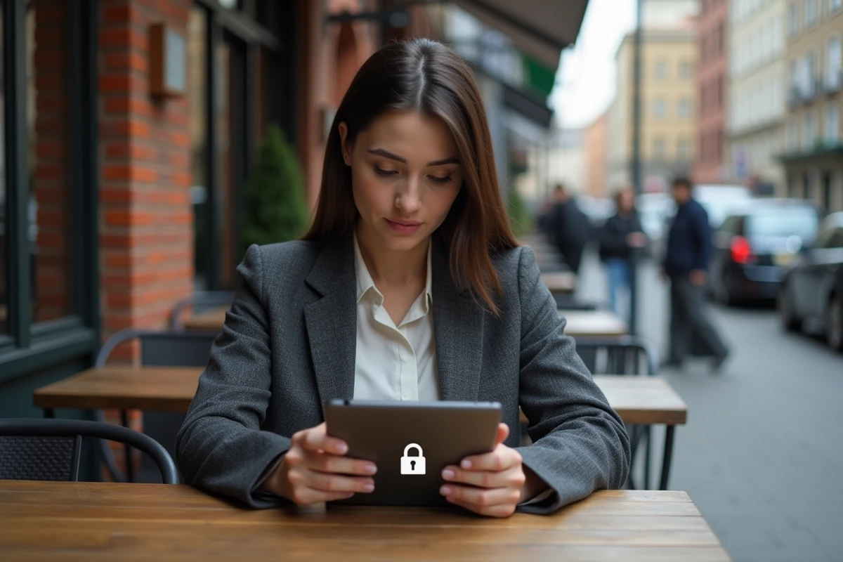 Jeune femme au cafe regardant une politique de privacy sur sa tablette