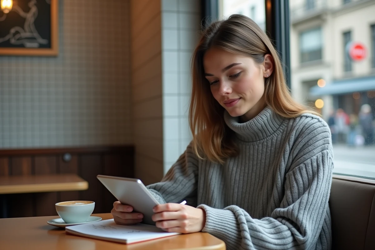 Jeune femme au café utilisant sa tablette et notes