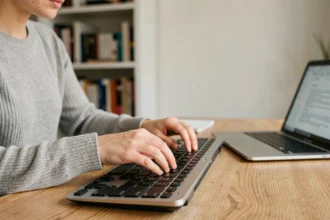 Femme tapant la combinaison de touches Alt Gr pour faire l'arobase sur un clavier d'ordinateur