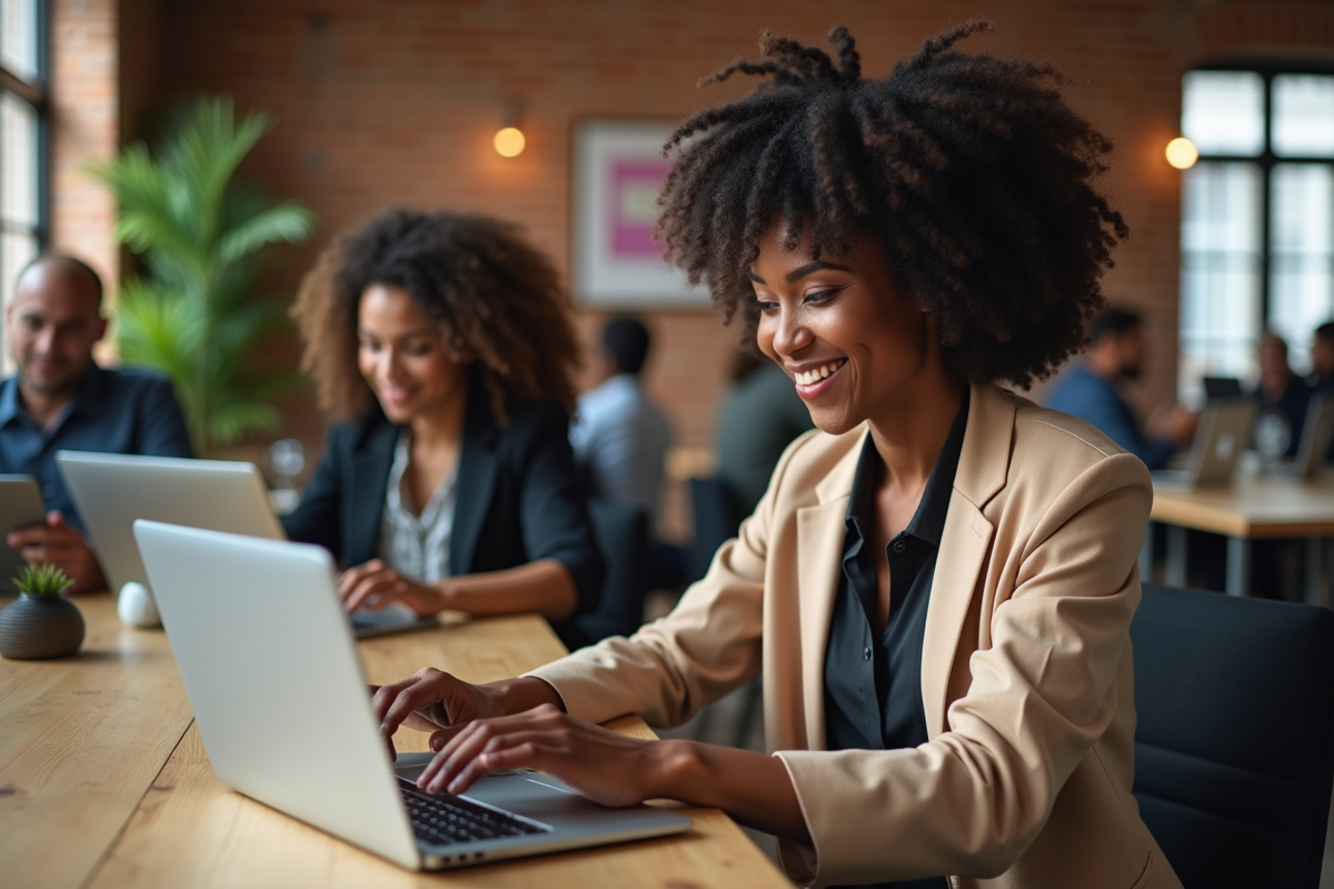 Jeune femme souriante collaborant avec un collegue sur une tablette en coworking