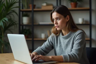 Femme consultant son profil de réseau social sur un ordinateur portable, préoccupée par la confidentialité de ses données personnelles visibles en ligne