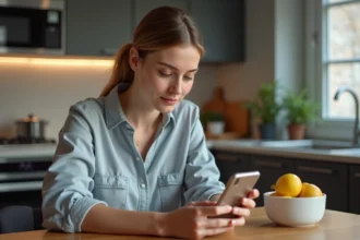 Femme concentrée configurant ses emails sur smartphone dans la cuisine