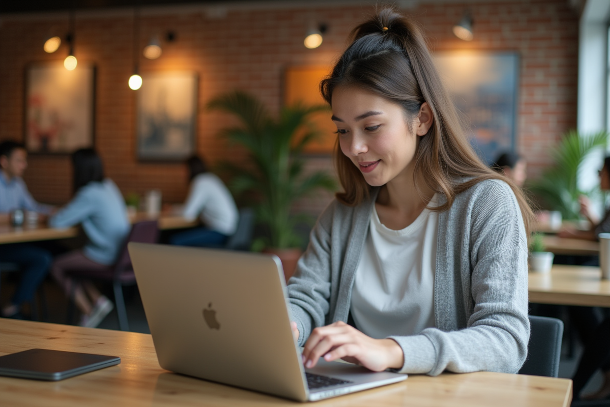 Jeune femme copie du texte sur un ordinateur portable dans un espace de coworking