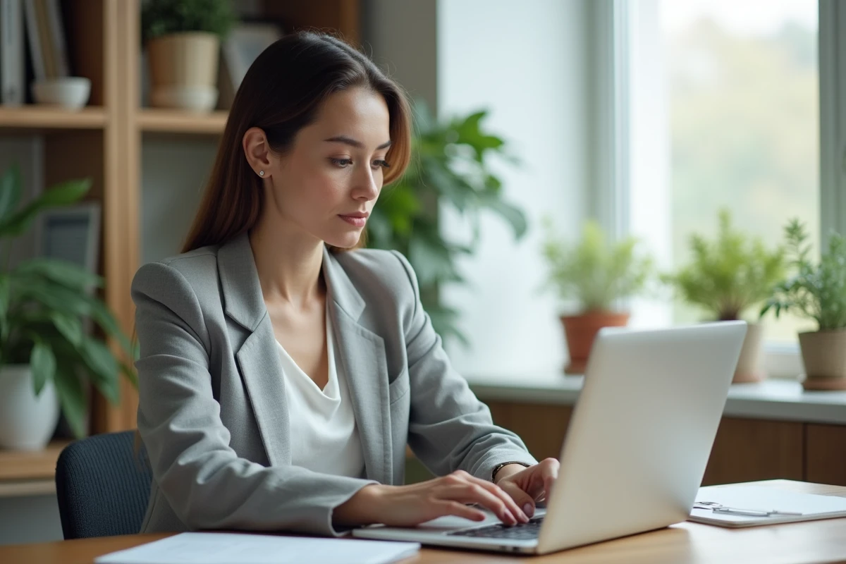 Femme utilisant un correcteur orthographique en ligne sur son ordinateur portable dans un bureau à domicile sécurisé