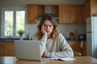 Femme frustrée devant son ordinateur dans la cuisine