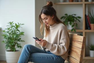 Femme en intérieur supprimant des fichiers sur son smartphone