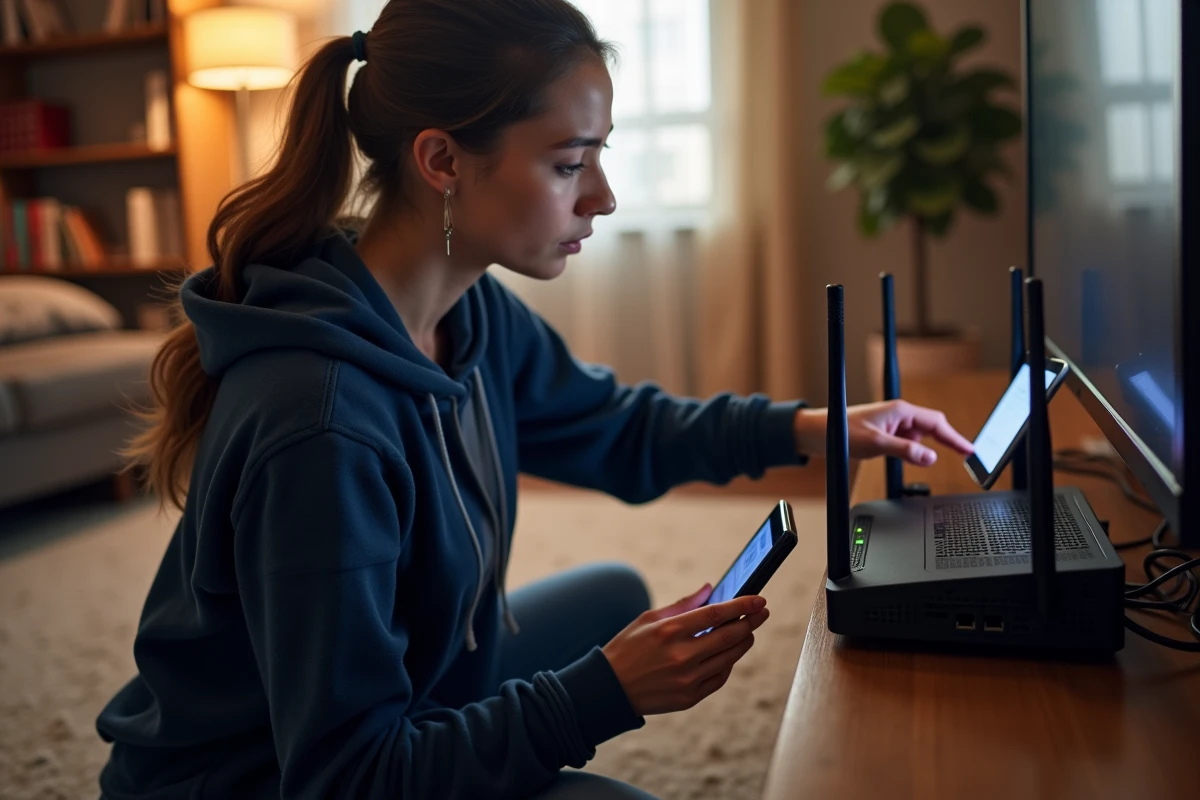 Femme dépannant un routeur internet à domicile en vérifiant les ports ethernet pour résoudre un problème d'accès à l'adresse 192.168.1.1