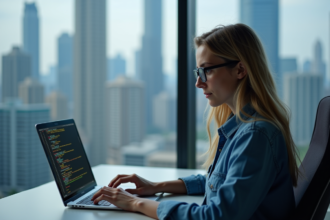 Jeune femme en bureau moderne regardant du code sur son ordinateur