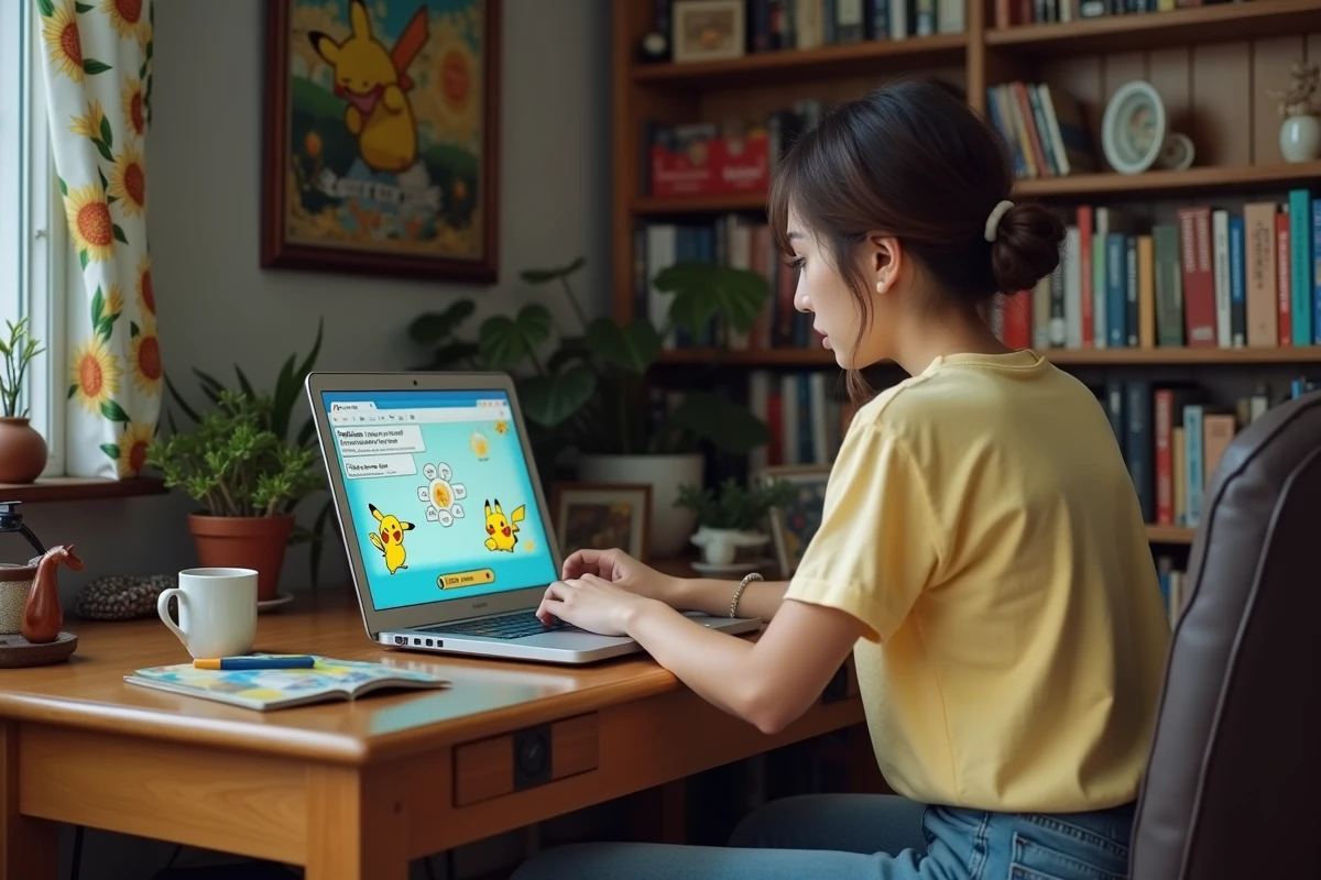 Jeune femme jouant à un émulateur Pokémon GBA en français sur ordinateur portable dans une salle d'étude vintage