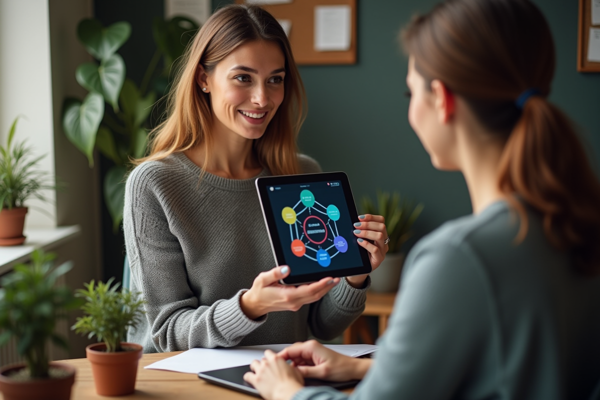 Femme expliquant un concept API avec un diagramme