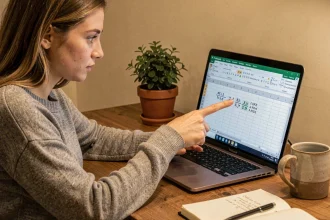 Jeune femme étudiant des formules de soustraction Excel sur un ordinateur portable dans un bureau à domicile