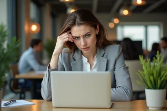 Femme frustrée devant un ordinateur portable affichant une erreur de messagerie dans un bureau moderne