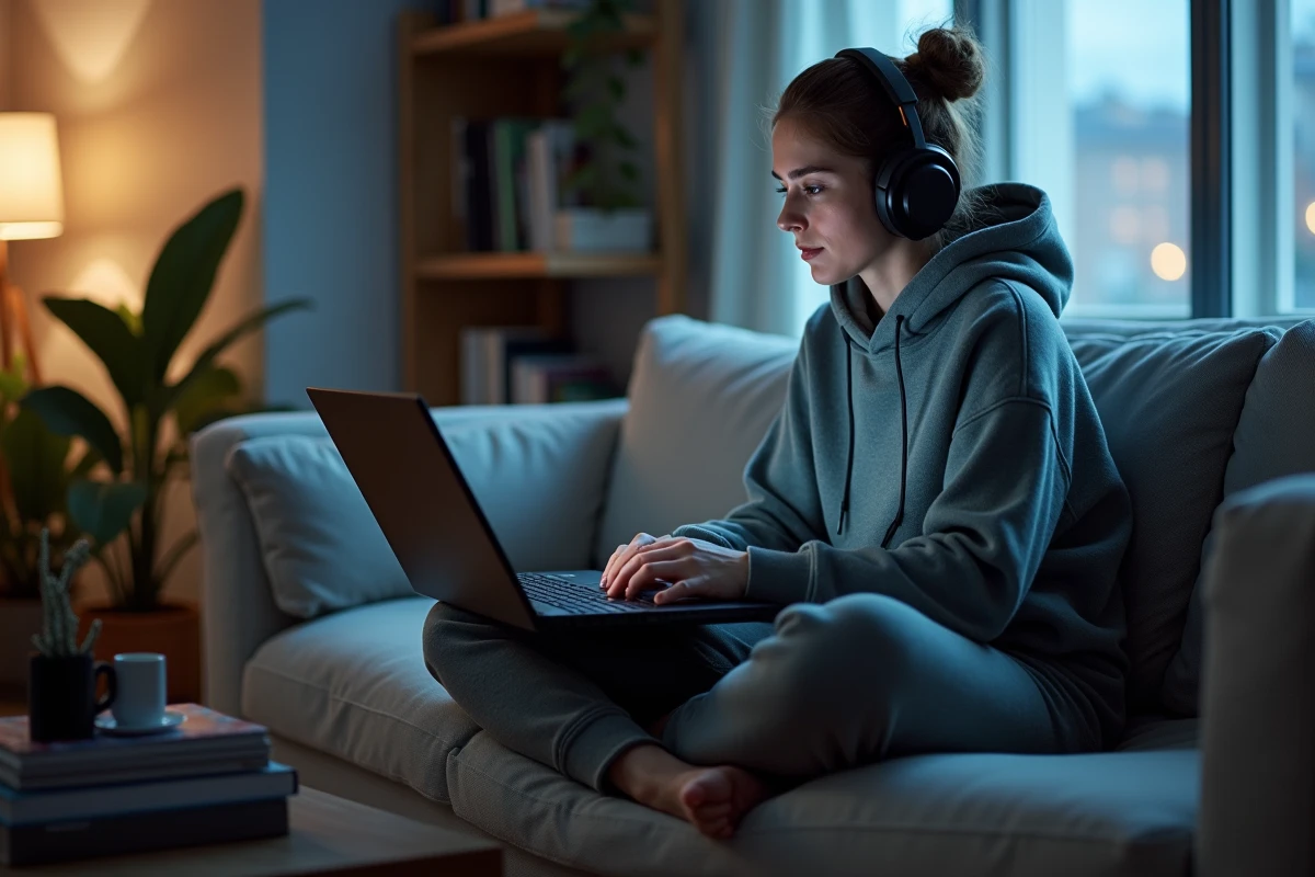 Jeune femme gamer assise sur un canapé avec son laptop