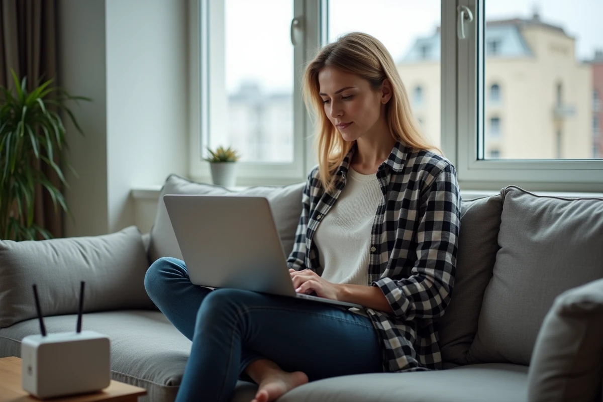 Femme vérifiant sa connexion internet dans un salon cosy