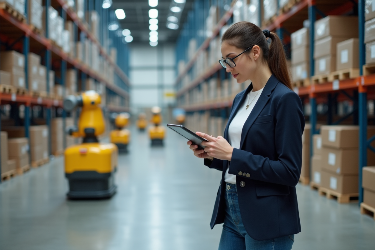 Jeune femme IT utilisant une tablette dans un entrepôt automatisé