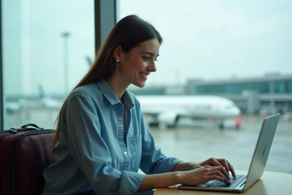 Femme souriante avec ordinateur dans un lounge aéroport