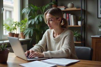 Femme d'âge moyen lisant RSS sur son ordinateur à la maison