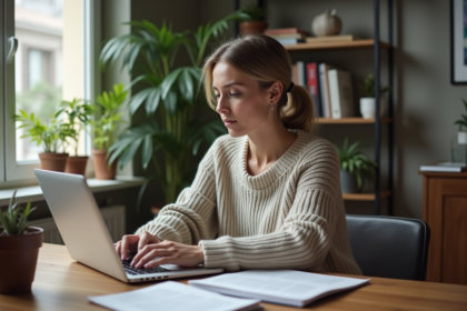 Femme d'âge moyen lisant RSS sur son ordinateur à la maison