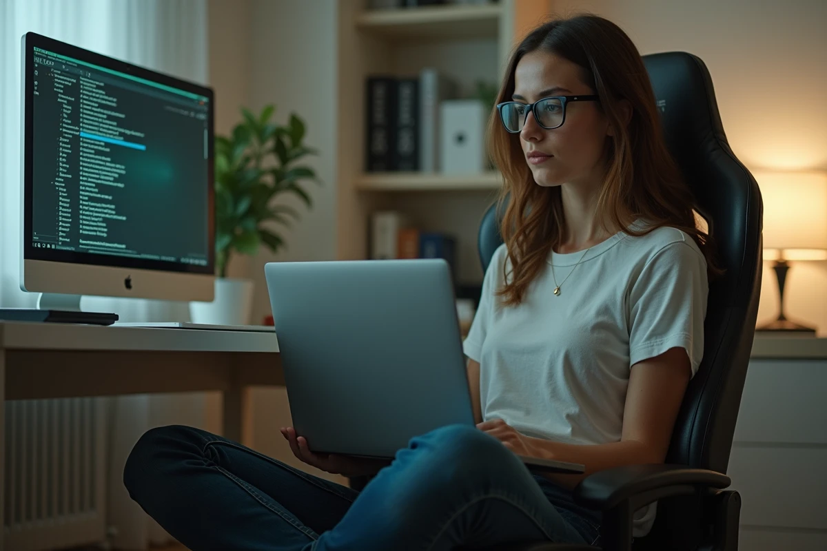 Femme mettant à jour les drivers réseau et GPU sur un ordinateur portable pour améliorer les performances gaming