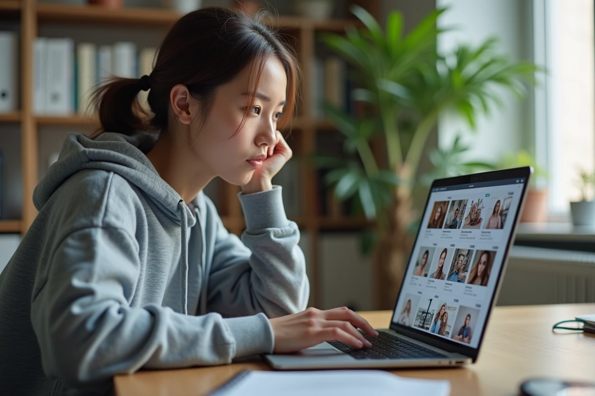 Jeune femme consultant anonymement un profil Instagram sur son ordinateur portable via un outil tiers comme Picuki