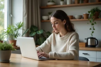 Femme assise à une table de cuisine avec son ordinateur et des publicités ciblées