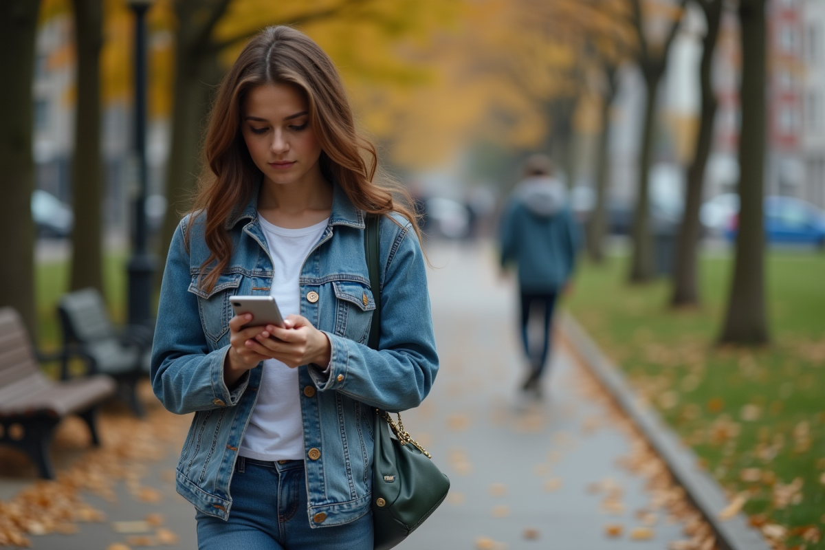 Jeune femme marche dans un parc urbain en automne