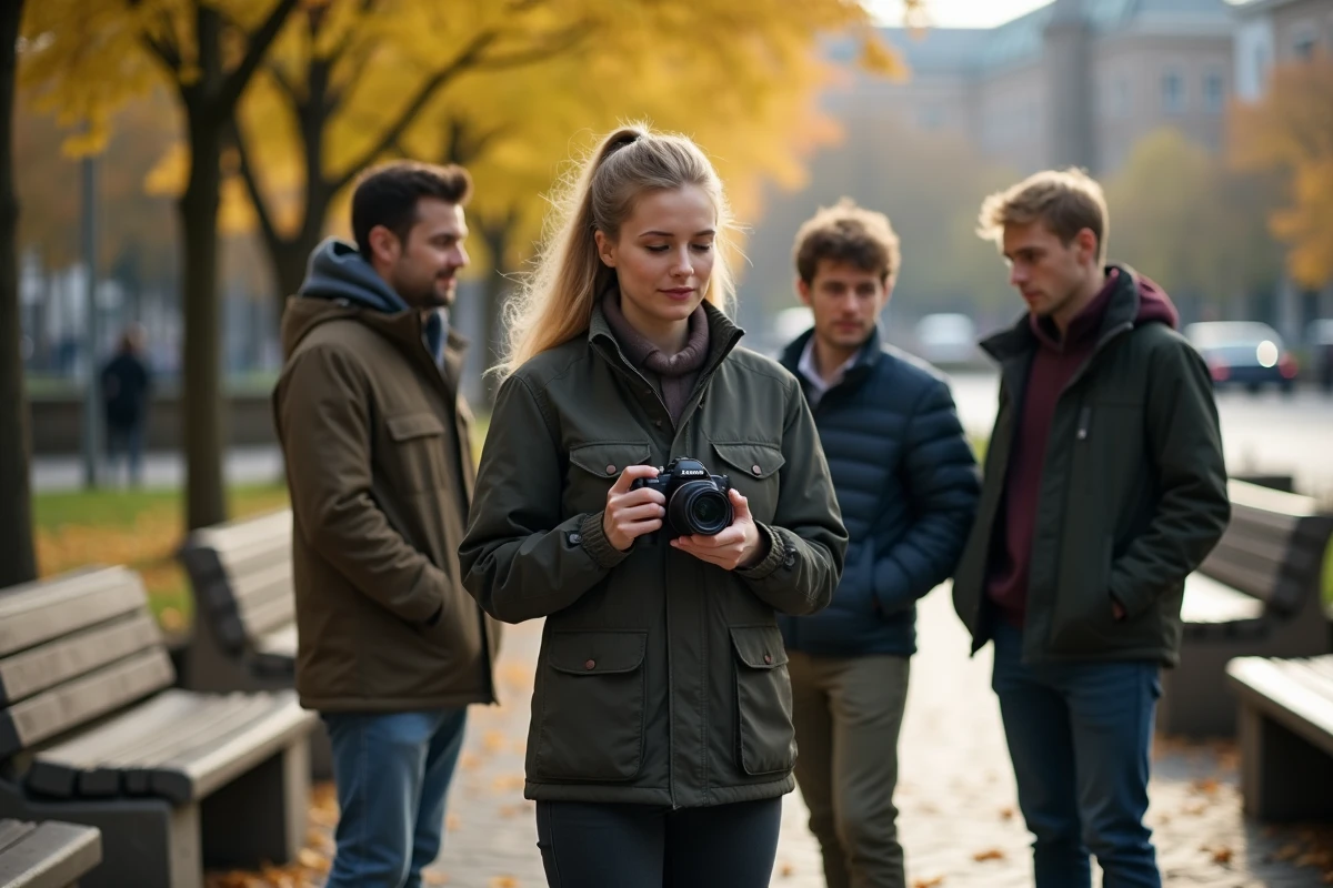 Femme montrant la caméra Sony à ses amis dans un parc urbain
