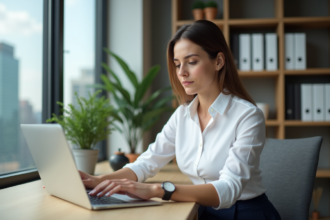 Jeune femme professionnelle en blouse blanche travaillant sur un ordinateur