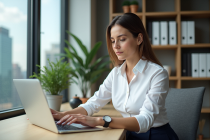Jeune femme professionnelle en blouse blanche travaillant sur un ordinateur