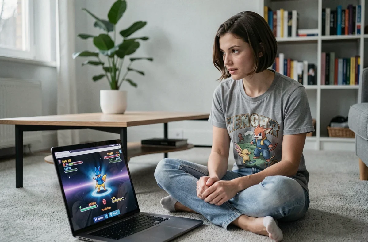 Femme téléchargeant une ROM Pokemon Platine en français sur son ordinateur portable