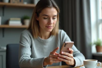 Femme tenant un smartphone Samsung et cherchant la corbeille dans les paramètres de l'appareil
