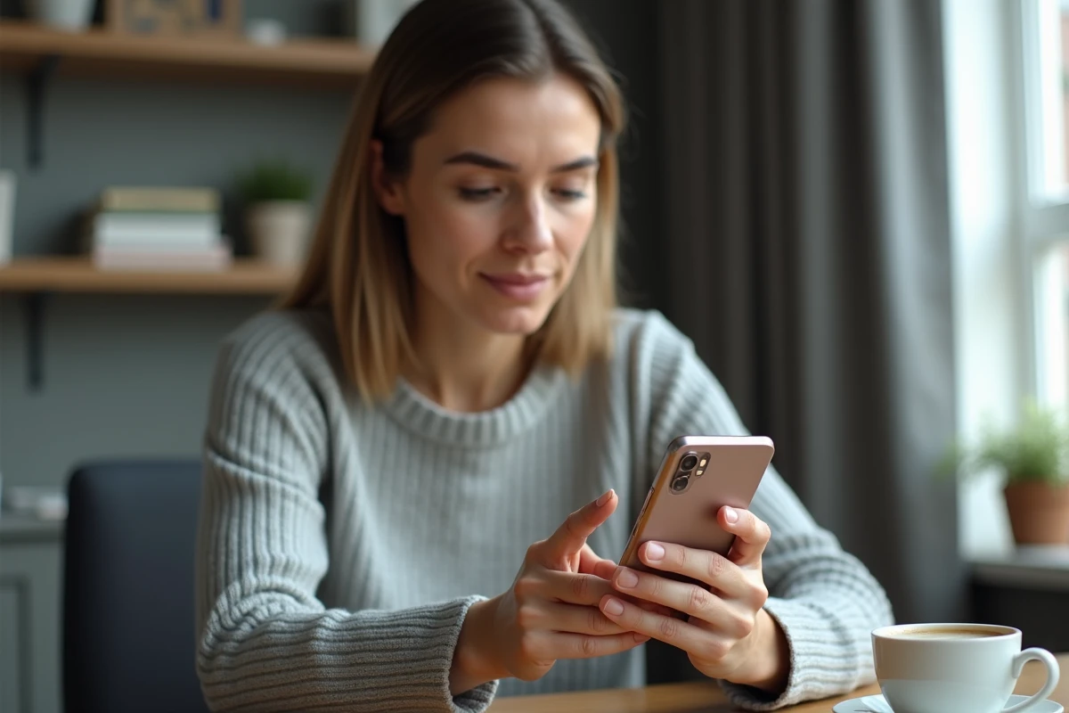 Femme tenant un smartphone Samsung et cherchant la corbeille dans les paramètres de l'appareil