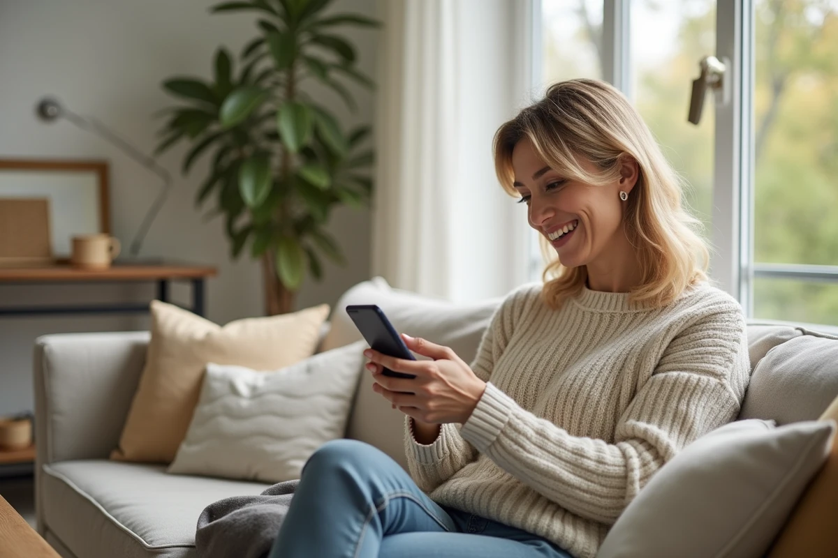 Femme tenant un smartphone dans un salon lumineux
