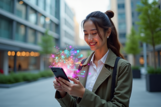 Jeune femme souriante avec smartphone dans un espace urbain